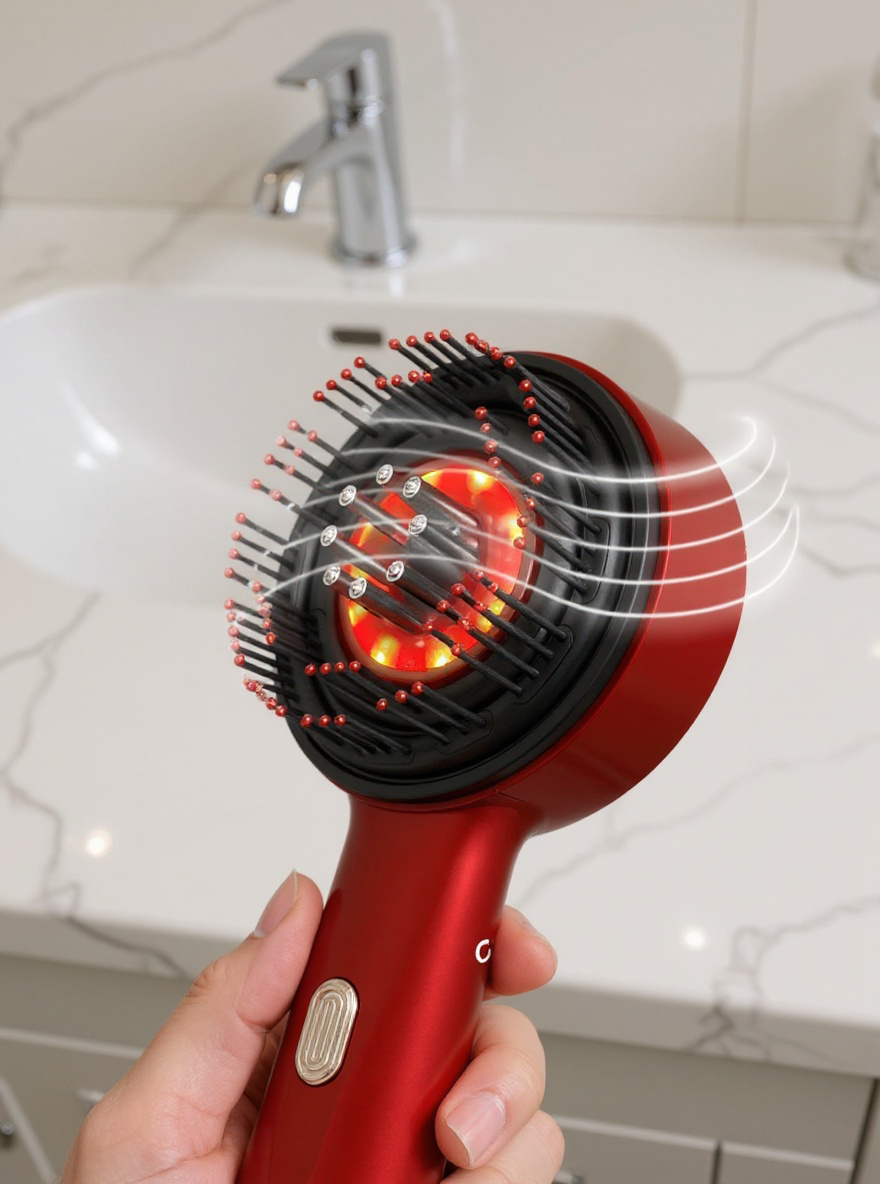 Innovativer 3-in-1 Rotlicht Massagekamm – Elektrische Vibrationsbürste für Haarwachstum, Kopfmassage & gezielten Wirkstoffauftrag