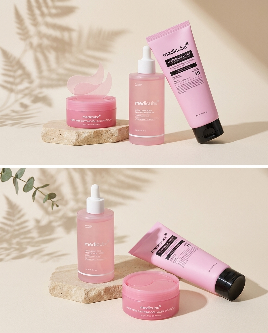 medicube PDRN ritual set – serum, collagen eye patches and rosemary conditioner on cream background