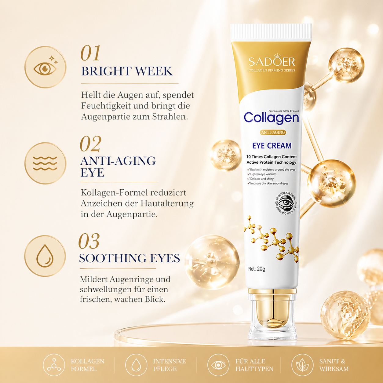 Collagen Augencreme mit Retinol – gegen Augenringe, Tränensäcke & erste Fältchen