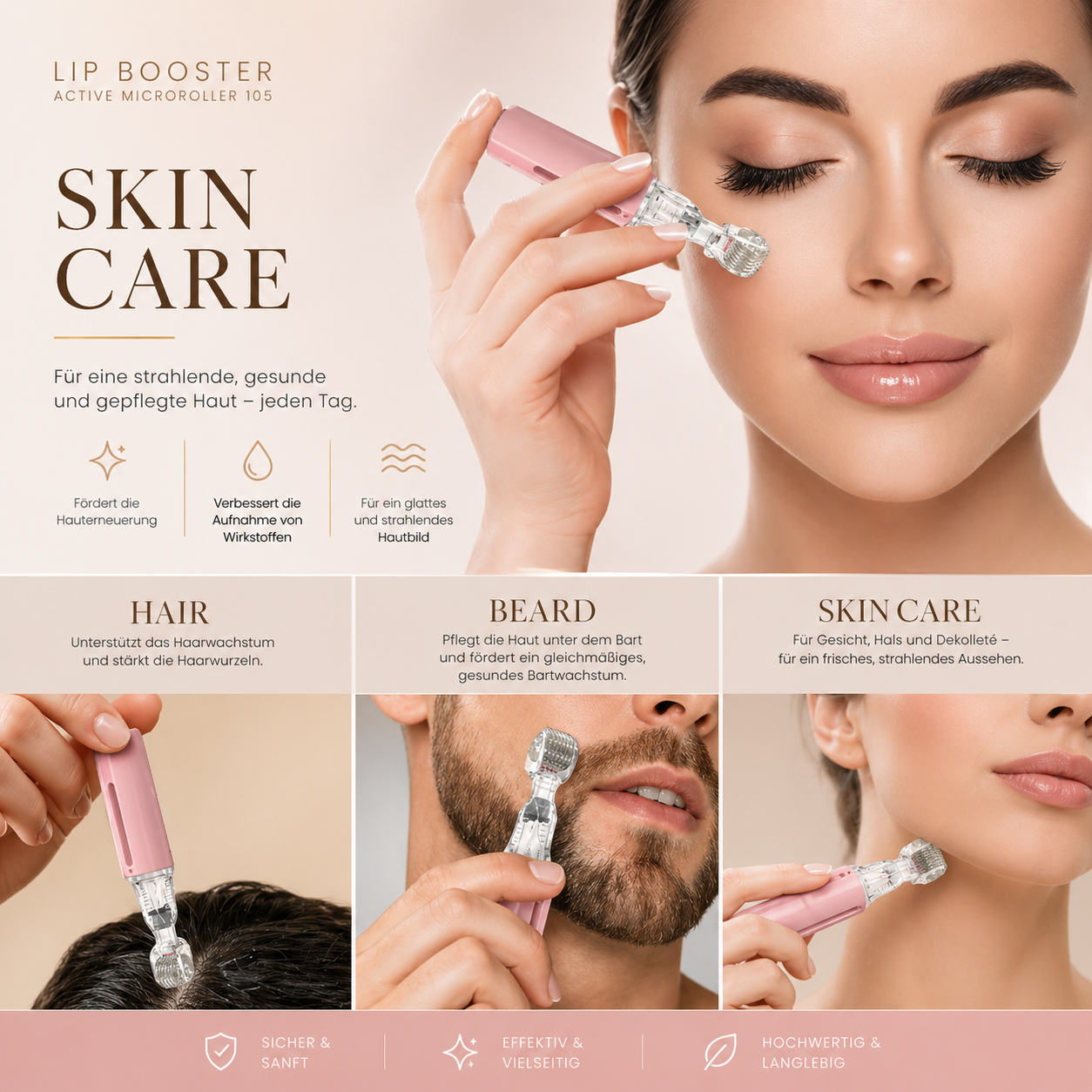 Derma Roller mit Titannadeln – Haut straffen, Lippen & Bart pflegen | 0,2 mm & 0,3 mm