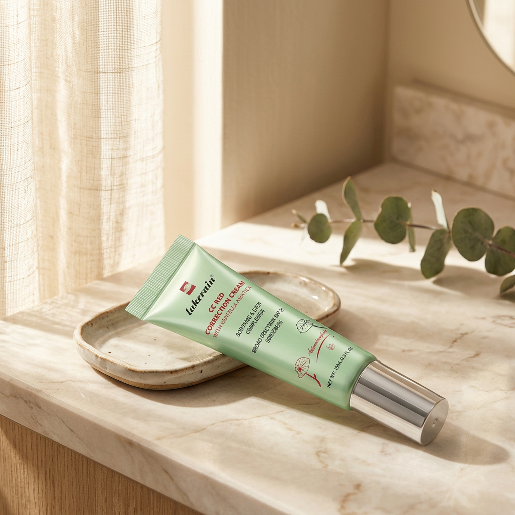 susmund Centella CC Cream auf Badezimmer-Vanity im Morgenlicht – Lifestyle
