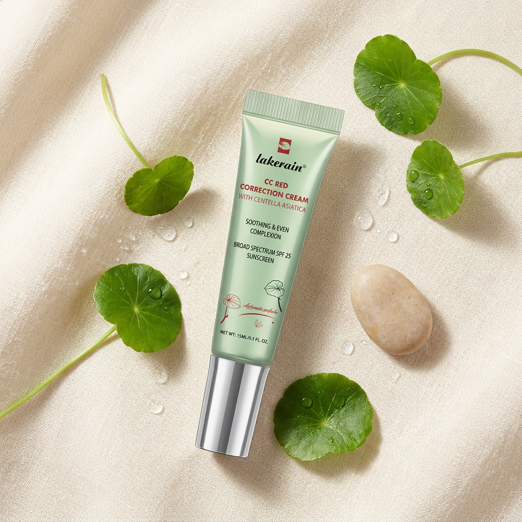 Centella CC Cream Flatlay mit frischen Centella-Asiatica-Blättern