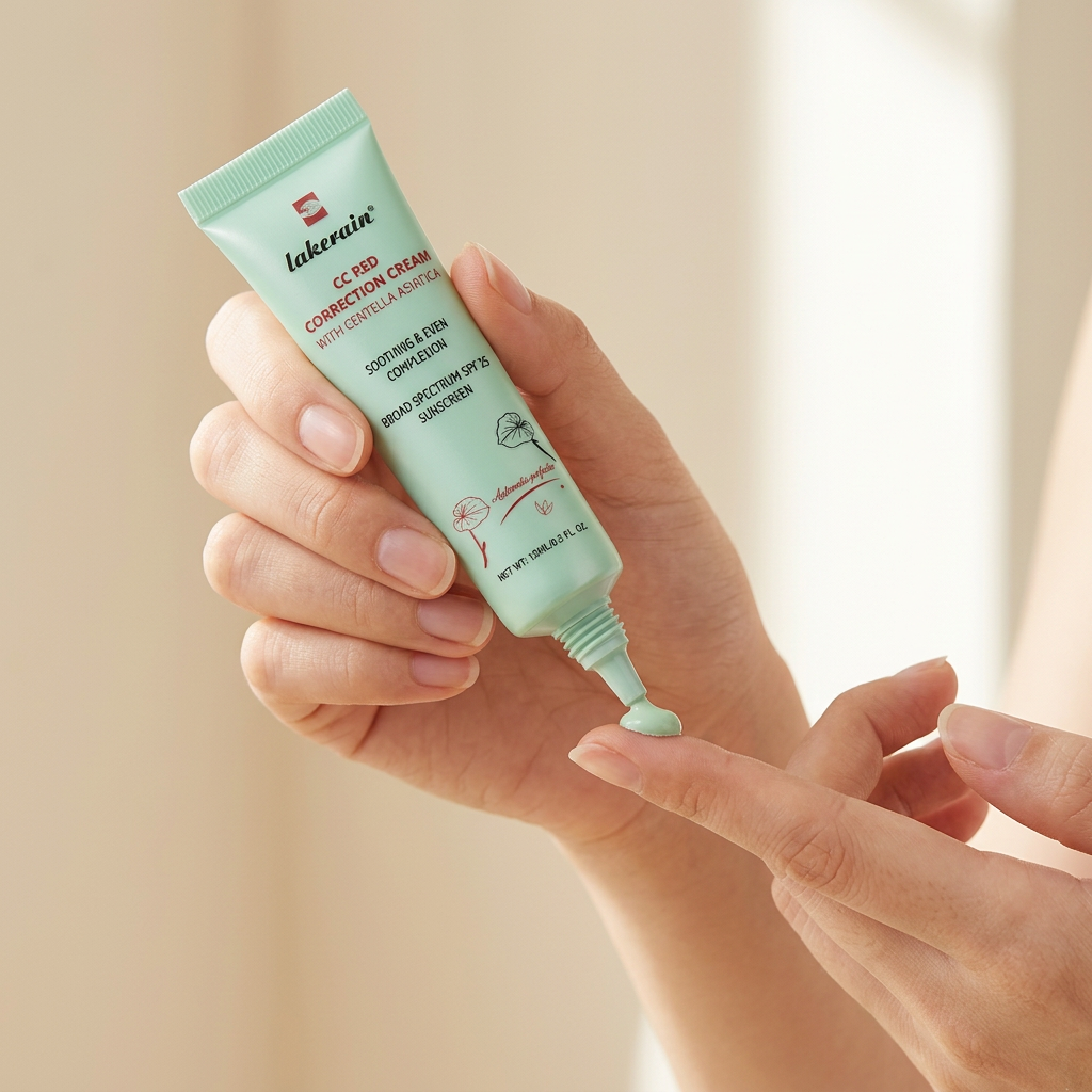 Anwendung der Centella CC Cream – grüne Farbkorrektur auf der Fingerspitze