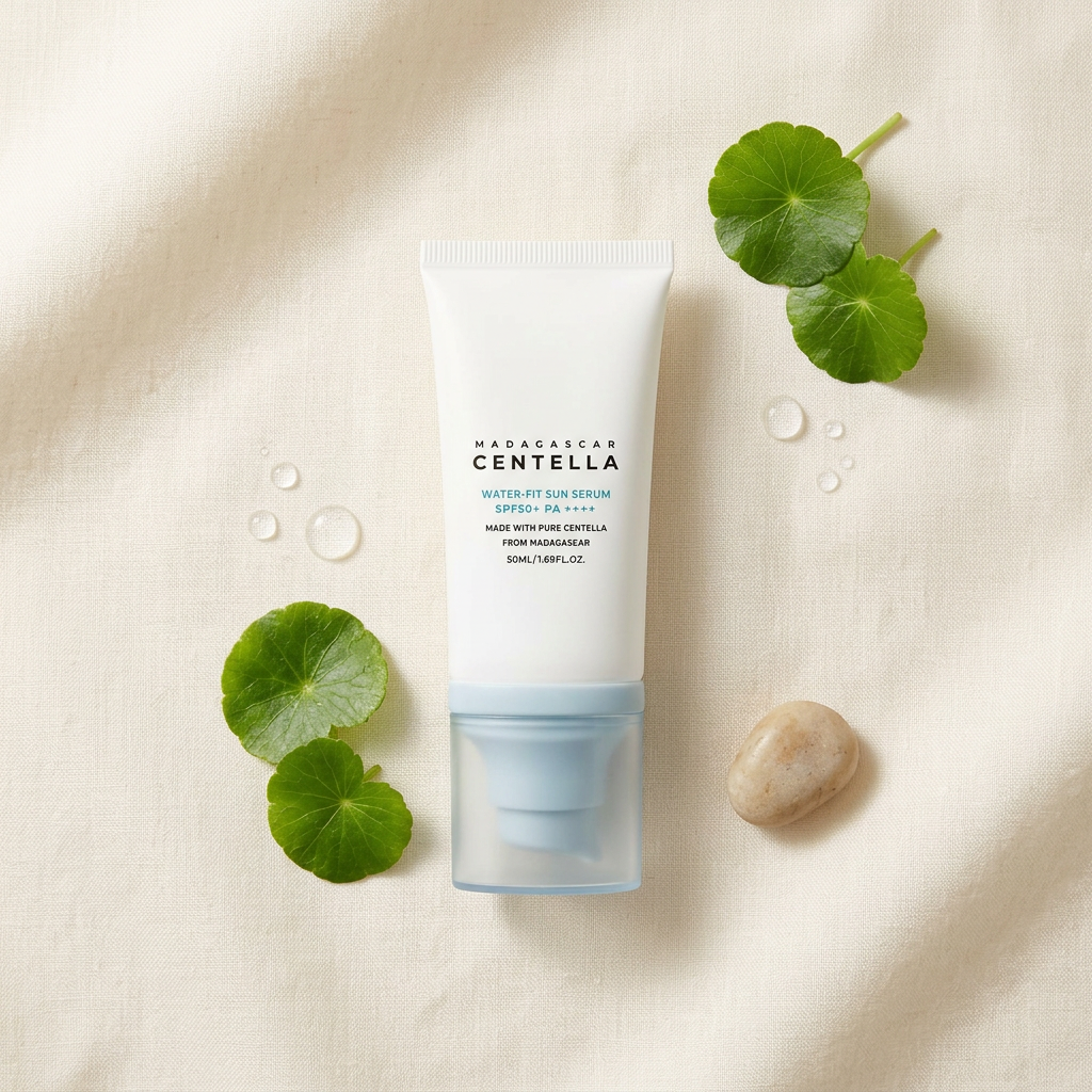 Centella Sun Cream Flatlay mit frischen Centella-Asiatica-Blättern