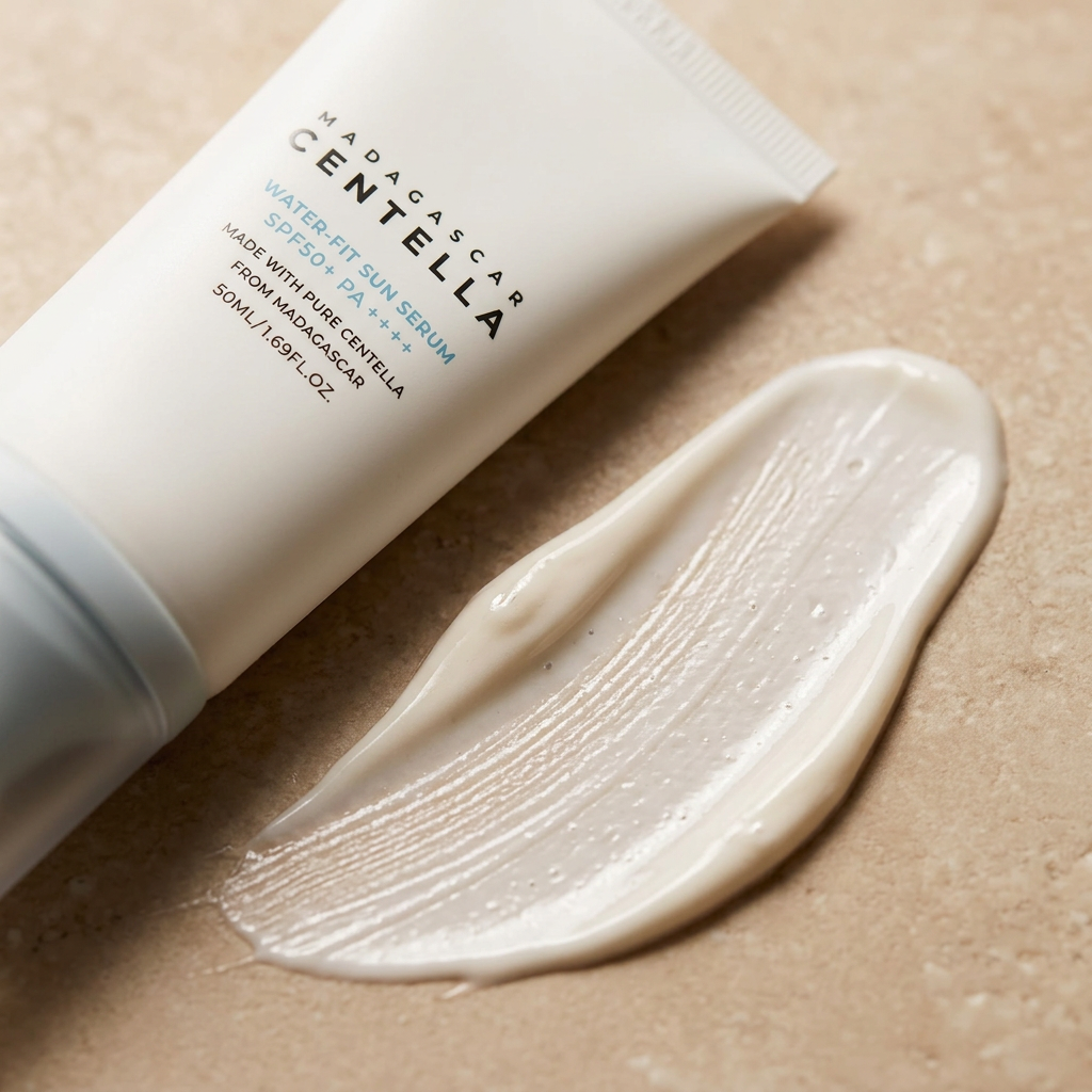 Textur der Centella Sun Cream – seidiger Swatch ohne weißen Schleier