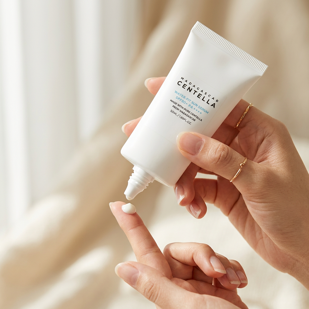Anwendung der Centella Sun Cream SPF 50+ – leichte Textur auf der Fingerspitze