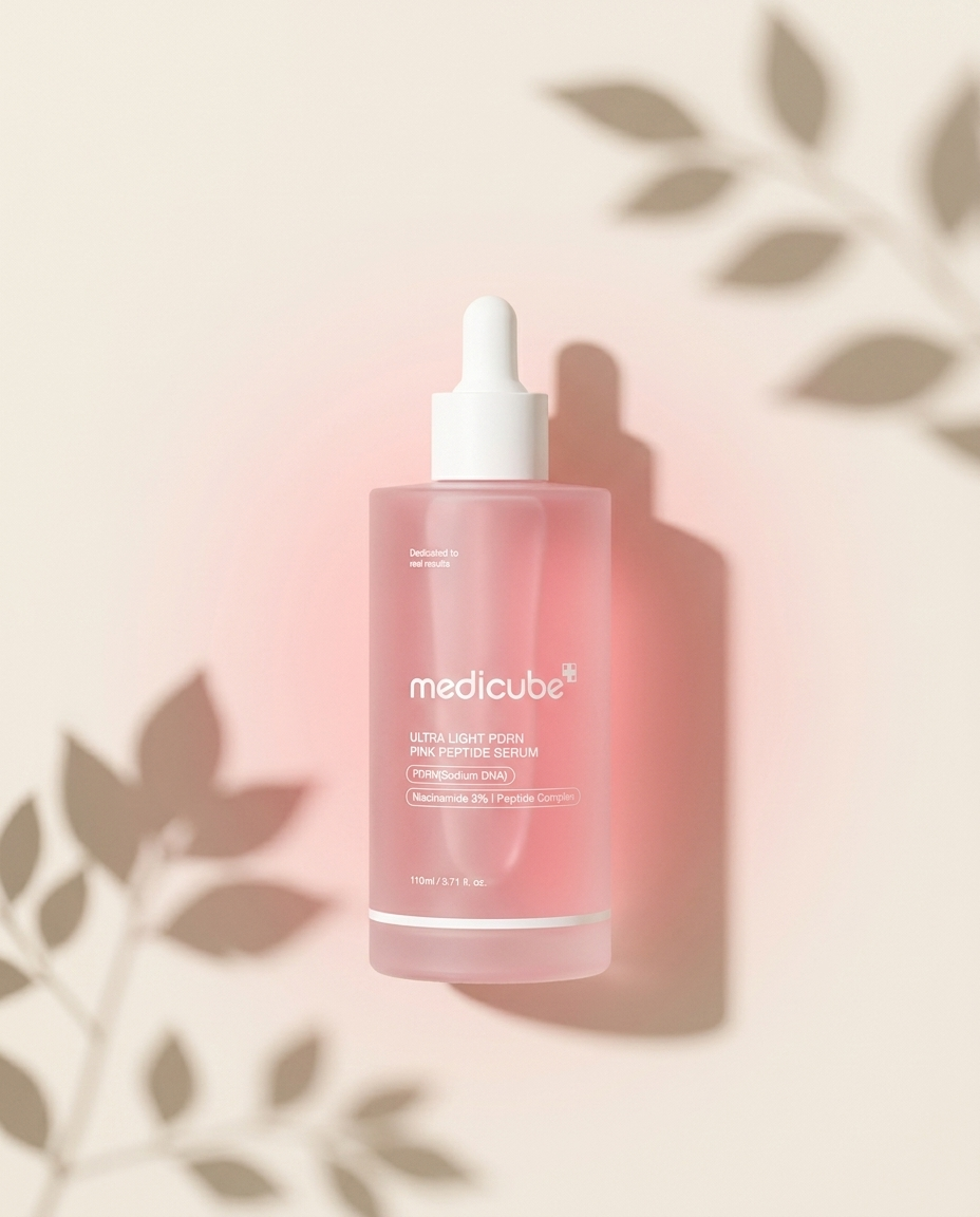 medicube Ultra Light PDRN Pink Peptide Serum 110ml bottle on warm cream background - authentic K-Beauty hydration serum