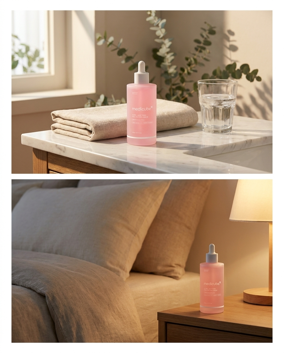 PDRN serum on bedside table at dusk – night skincare ritual