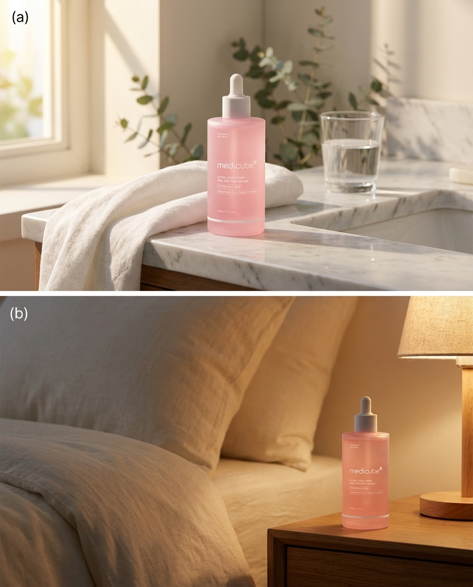 PDRN serum bottle on marble bathroom vanity in golden morning light – daily skincare routine