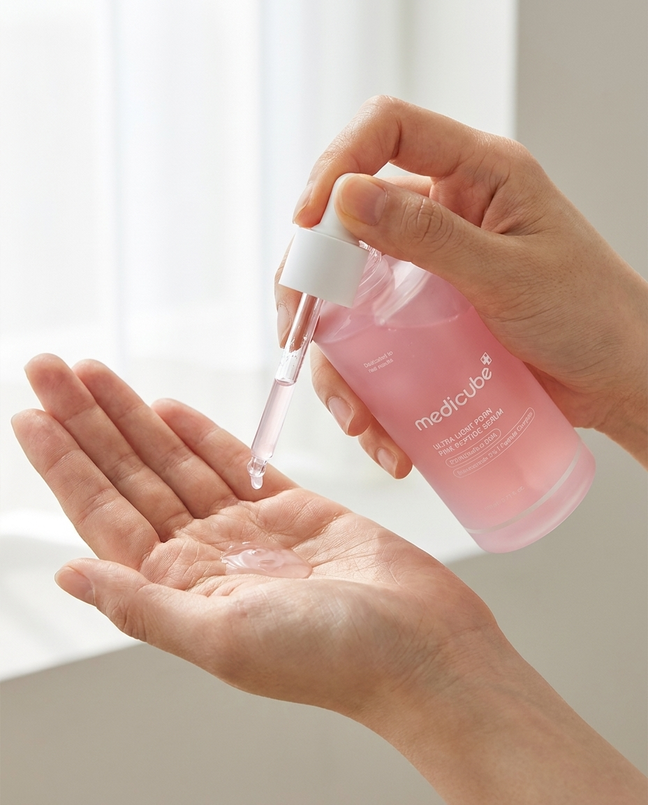 Dispensing medicube PDRN serum into palm – daily hydration routine application