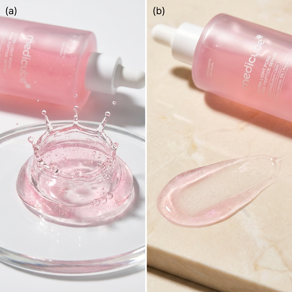 Watery pink-tinted PDRN serum texture splash on glass – ultra-light fast-absorbing formula