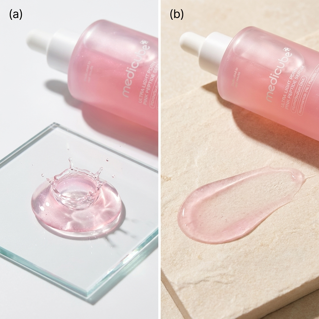 Sheer swatch of watery PDRN serum on warm stone – fresh non-sticky finish