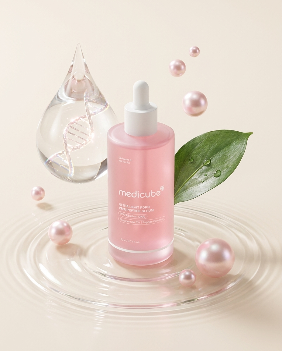medicube PDRN serum with DNA water droplet and peptide pearls – ingredient still life