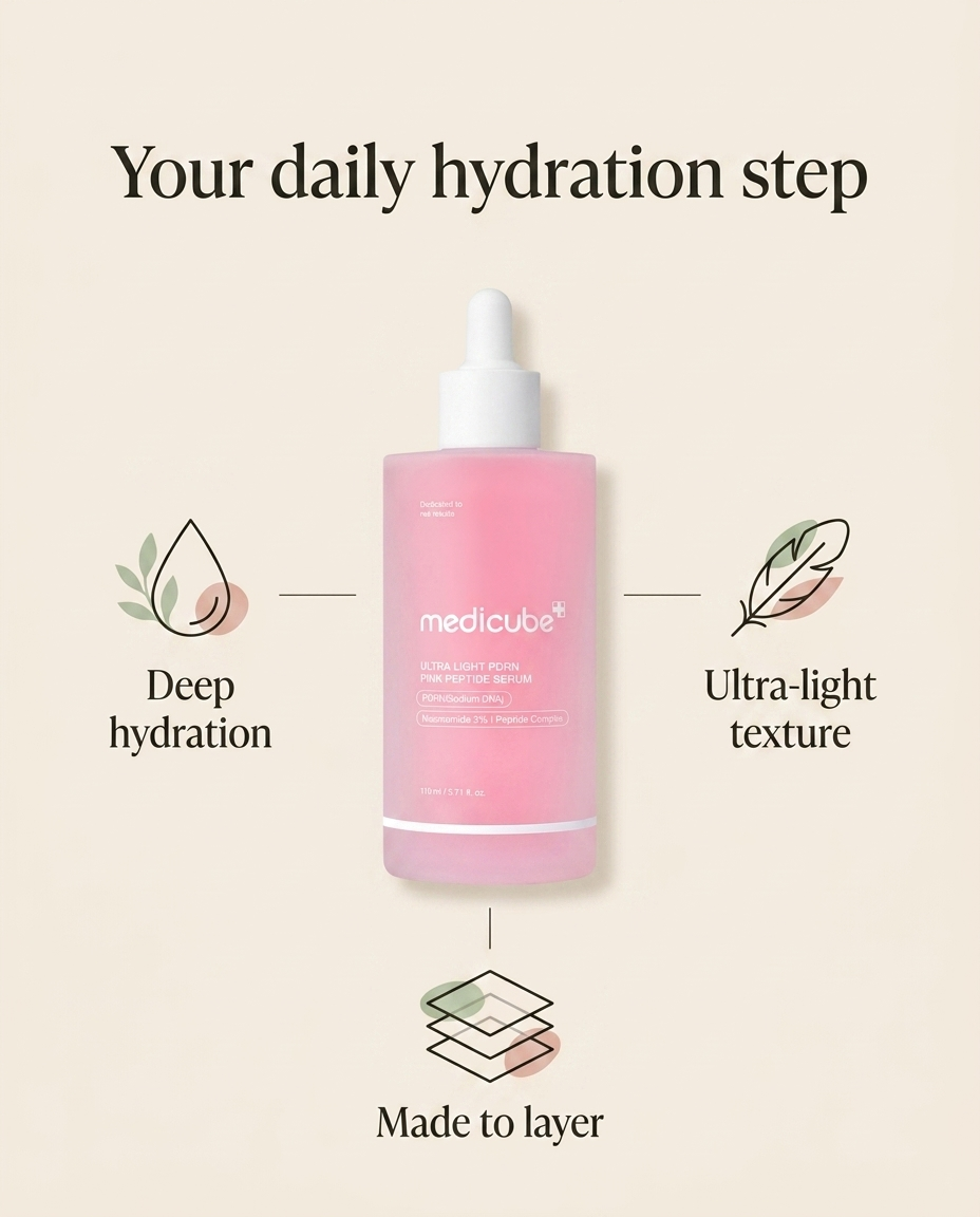 medicube PDRN serum benefits – deep hydration, ultra-light texture, made to layer